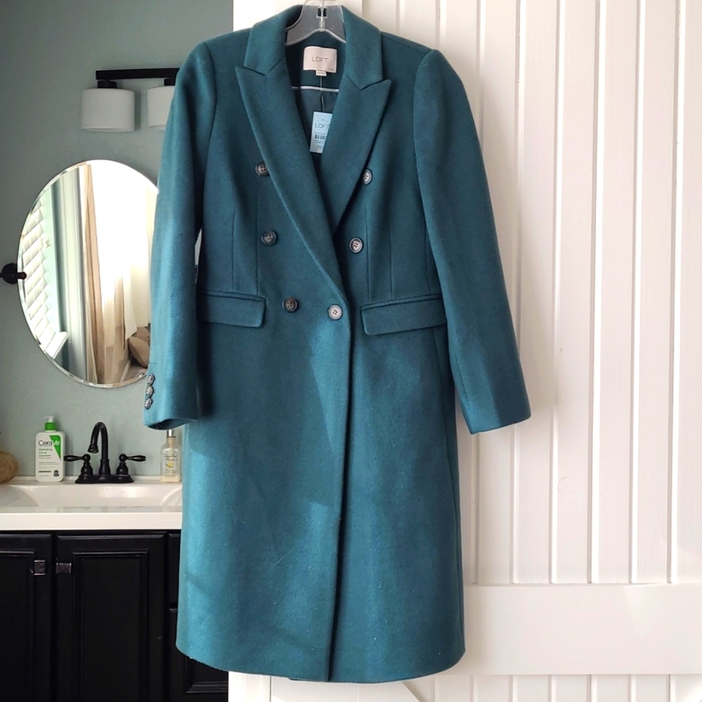 LOFT Emerald Green Petite Double Breasted Wool Blend Coat
